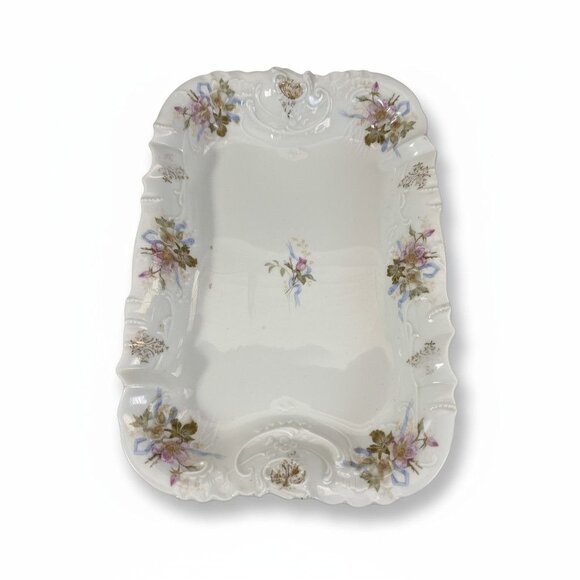 Antique CT Germany Porcelain Serving Dish 13” Floral Blue White Pink Gold - Picture 1 of 4